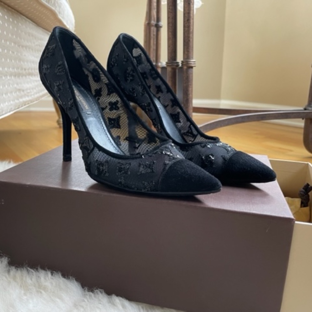 Suede Mesh Sequin Night Call Pumps 41 Black
